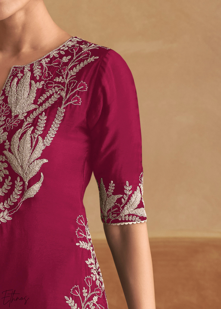 Berry Fuchsia Baroque-Embroidered Chinon Sharara Suit