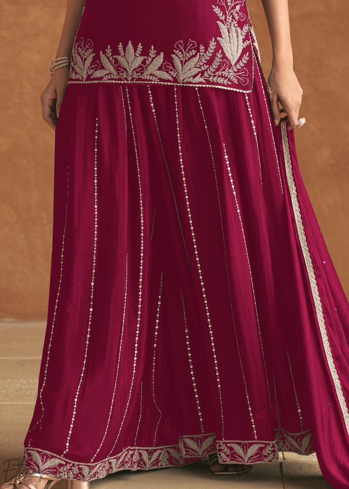 Berry Fuchsia Baroque-Embroidered Chinon Sharara Suit