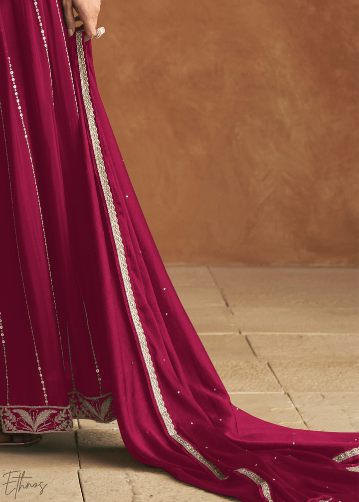 Berry Fuchsia Baroque-Embroidered Chinon Sharara Suit