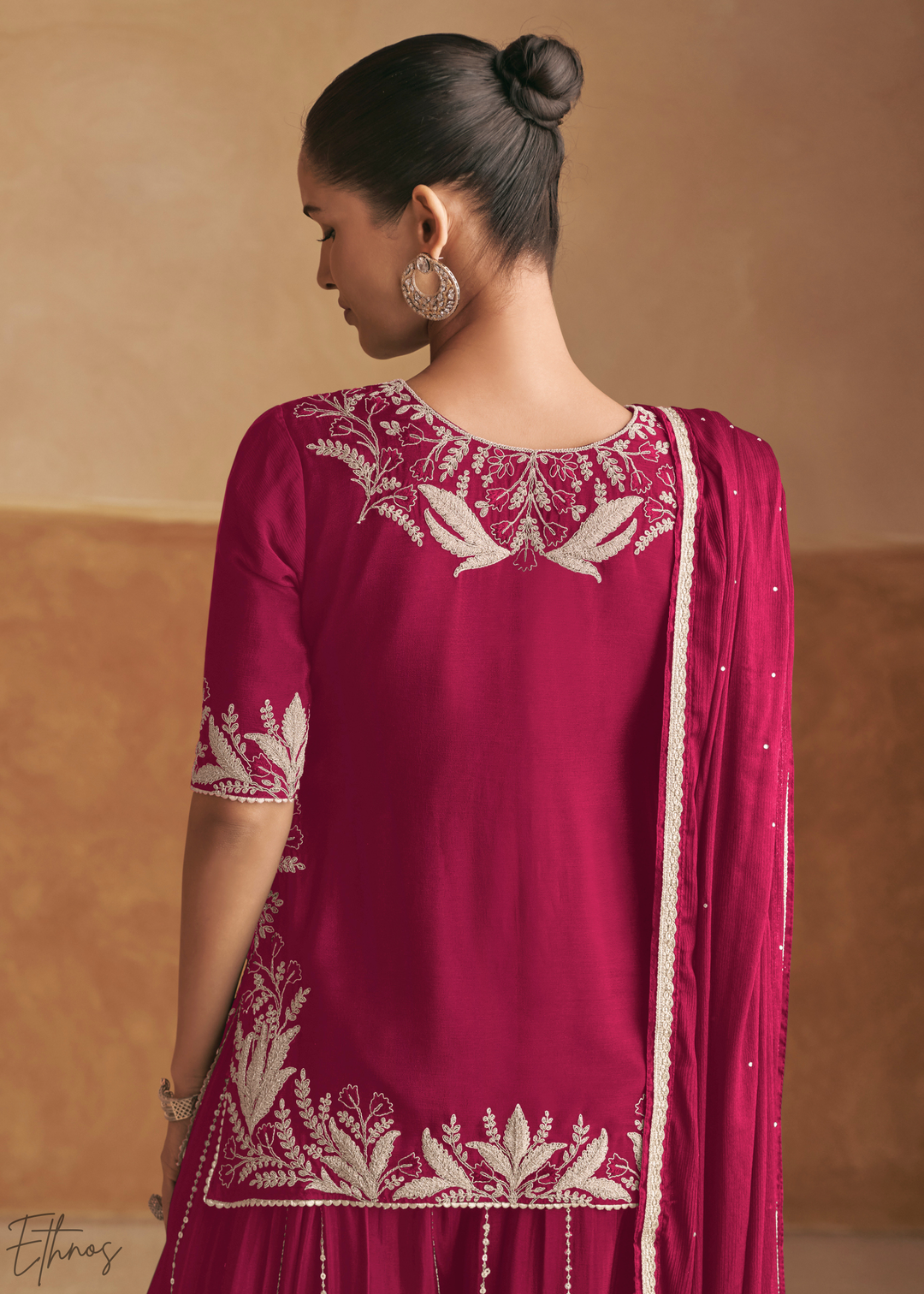 Berry Fuchsia Baroque-Embroidered Chinon Sharara Suit