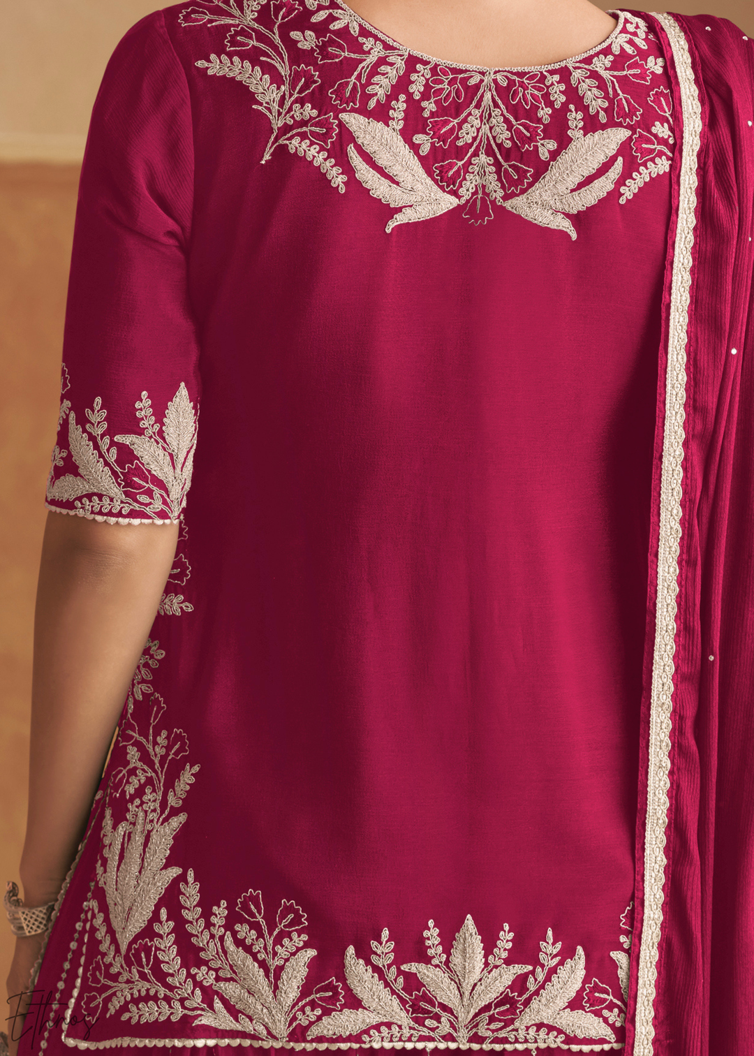 Berry Fuchsia Baroque-Embroidered Chinon Sharara Suit