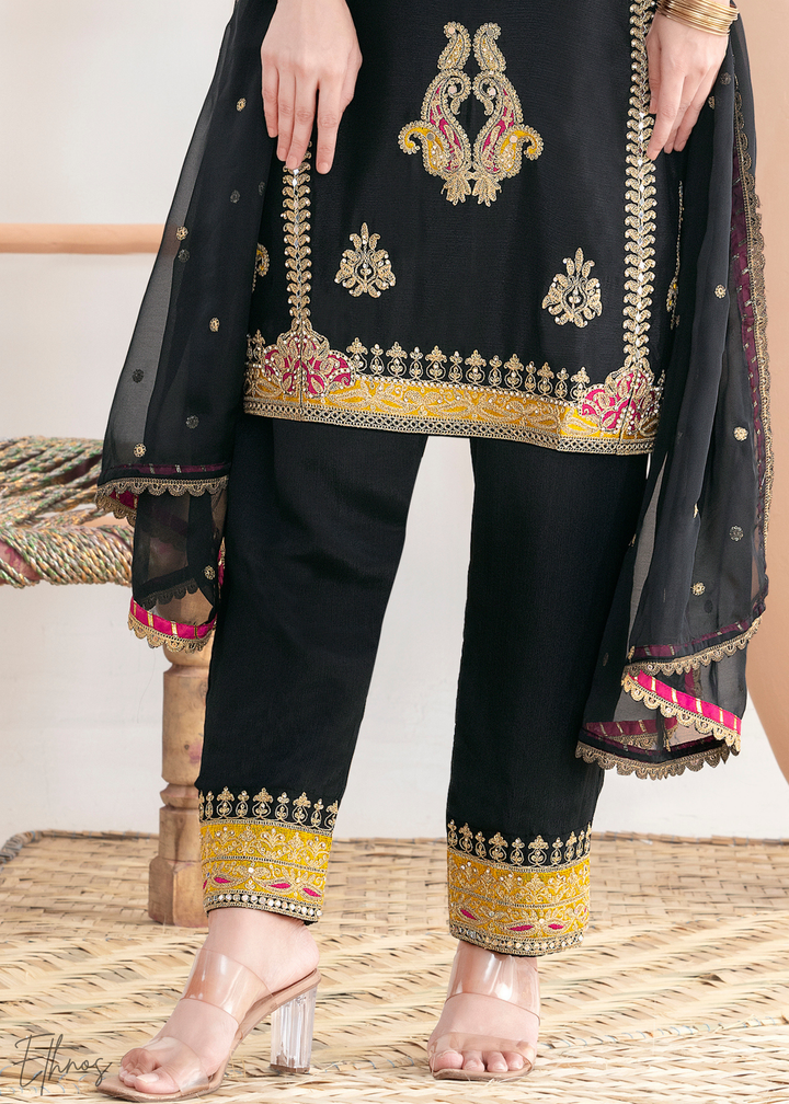 Black Appliqué Chinon Palazzo Suit