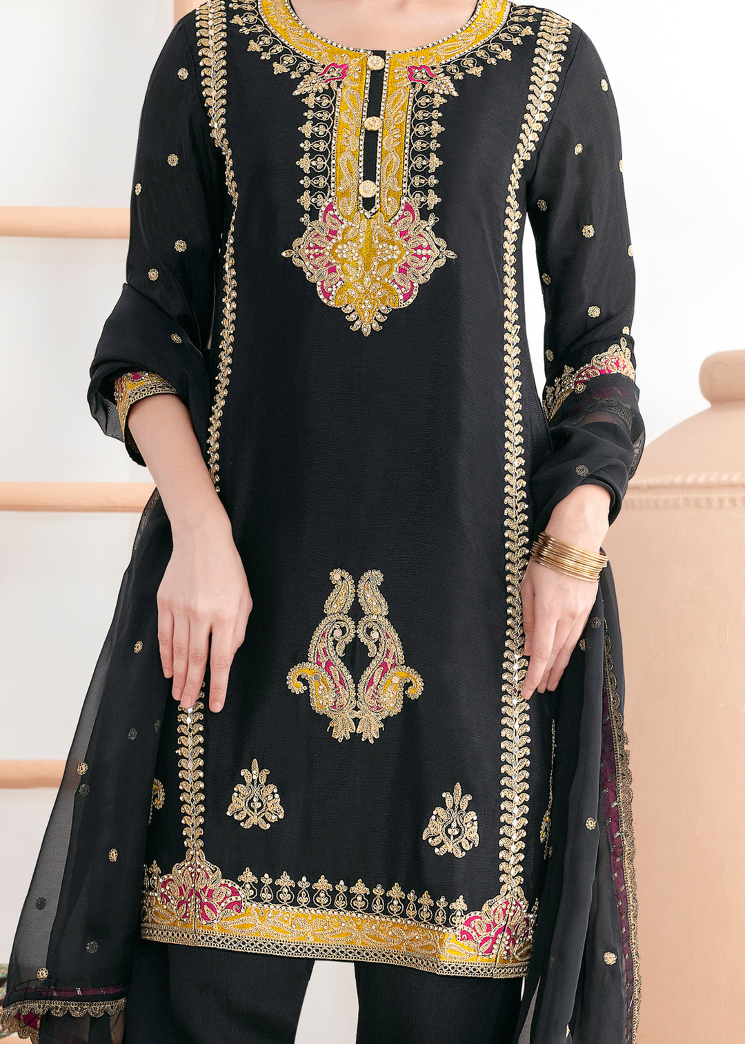 Black Appliqué Chinon Palazzo Suit