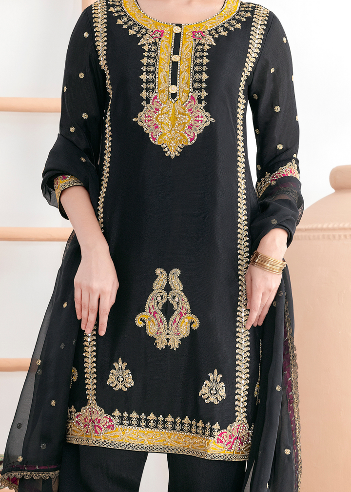 Black Appliqué Chinon Palazzo Suit