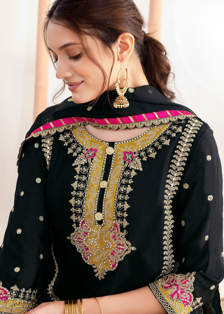 Black Appliqué Chinon Palazzo Suit