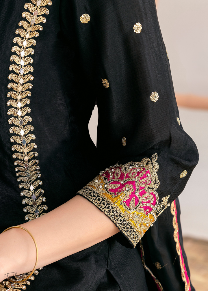 Black Appliqué Chinon Palazzo Suit