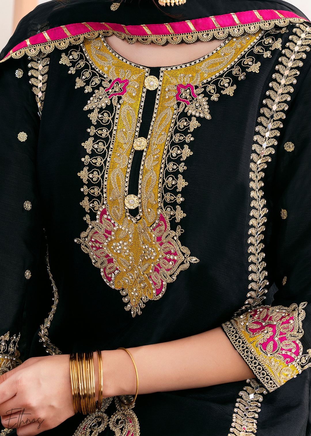 Black Appliqué Chinon Palazzo Suit