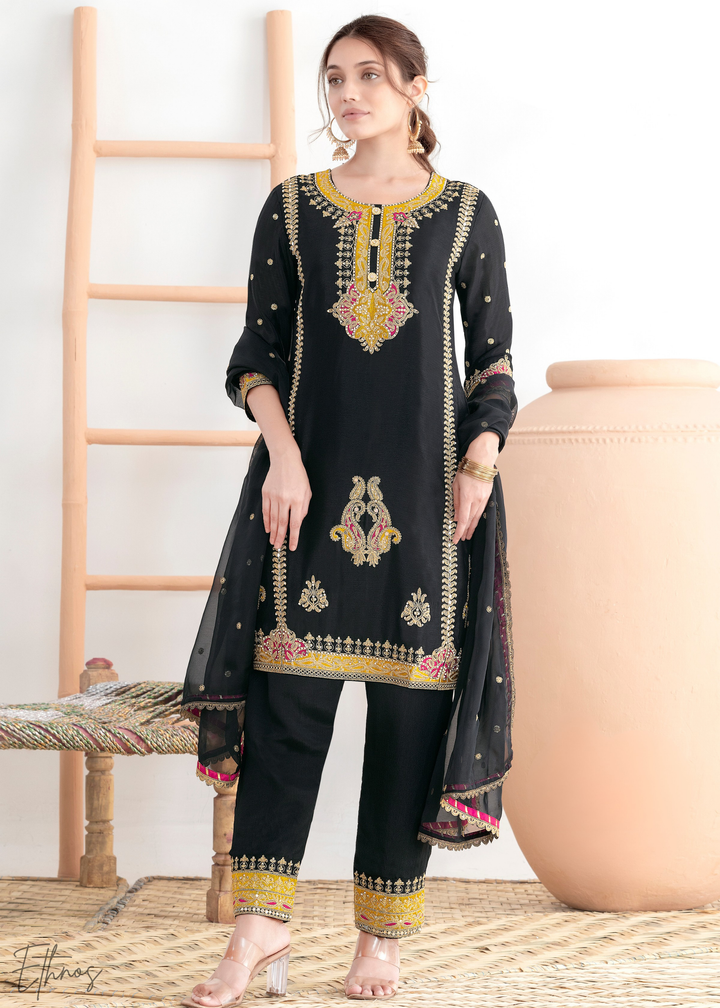 Black Appliqué Chinon Palazzo Suit