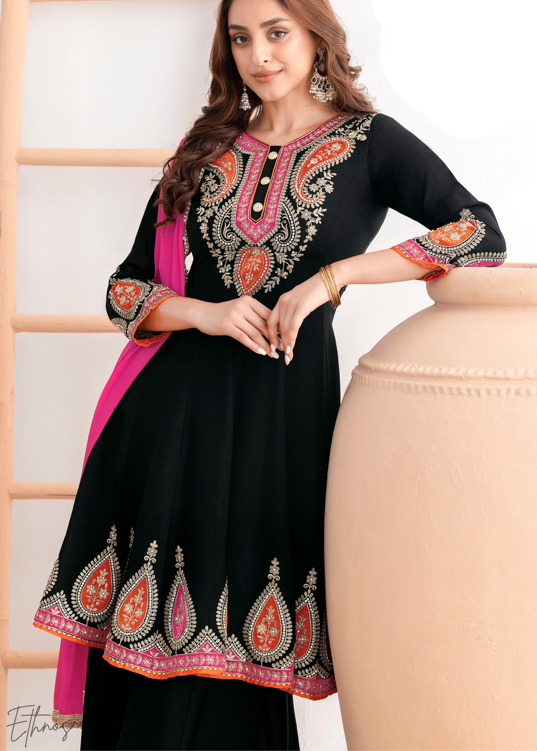 Black Appliqué Chinon Anarkali Sharara Suit