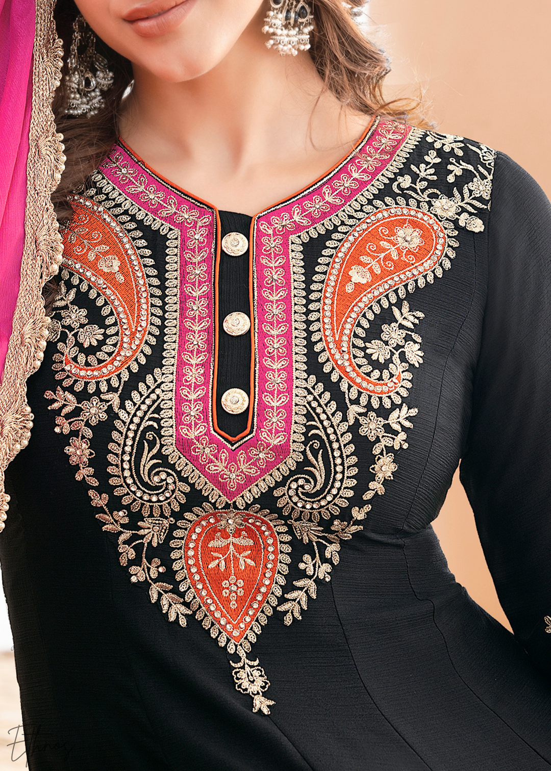 Black Appliqué Chinon Anarkali Sharara Suit