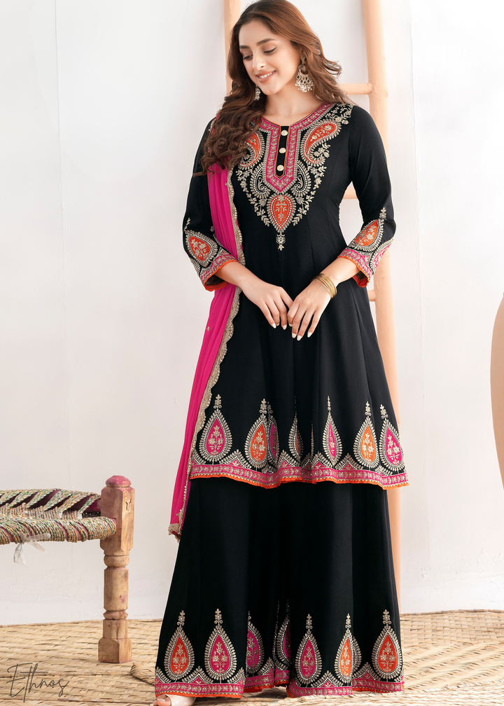 Black Appliqué Chinon Anarkali Sharara Suit