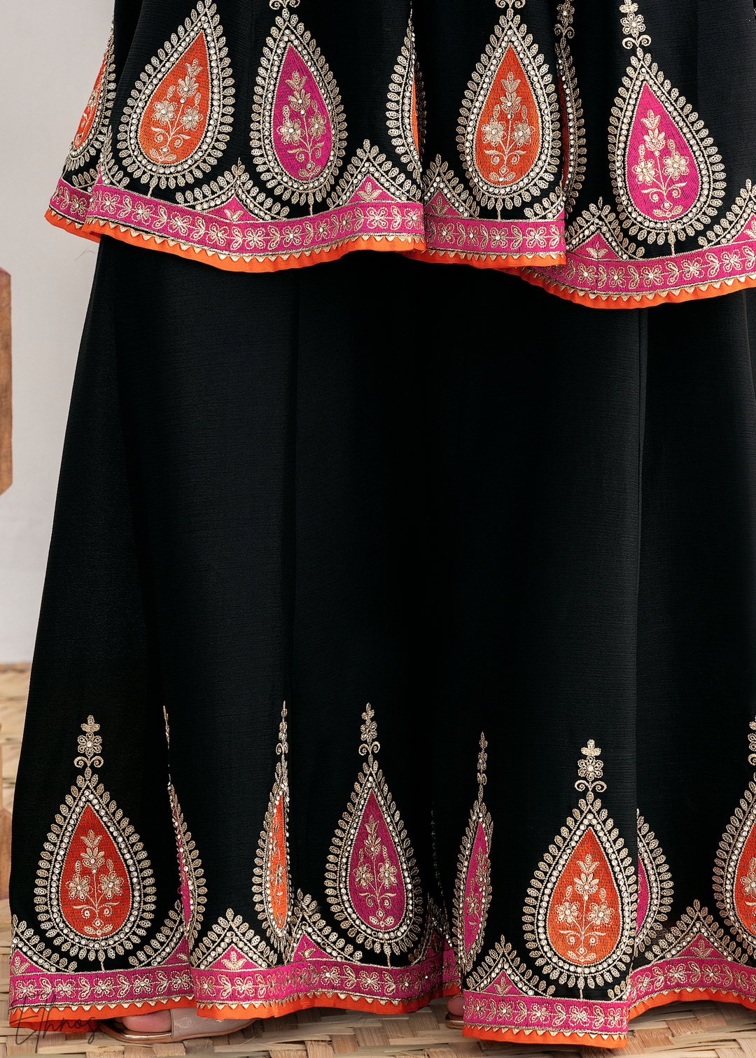 Black Appliqué Chinon Anarkali Sharara Suit