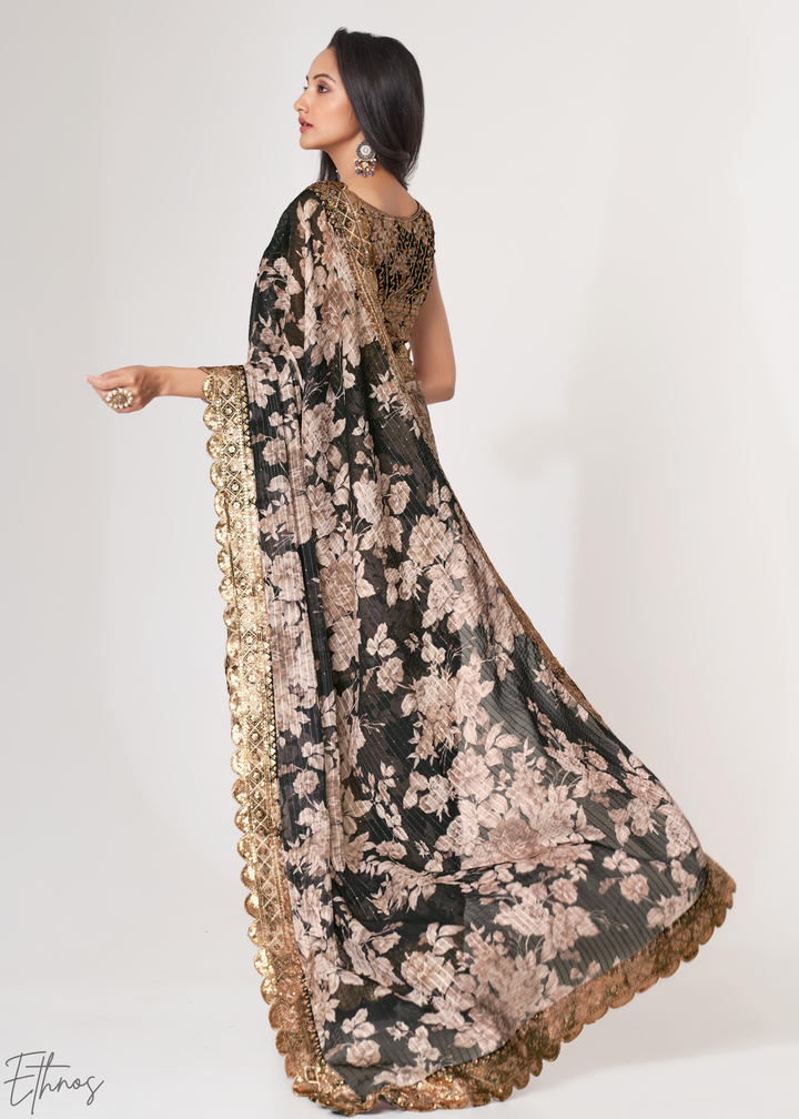 Black Baccara Rose Floral Print Organza Saree