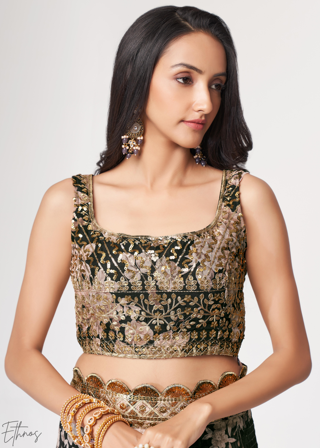 Black Baccara Rose Floral Print Organza Saree