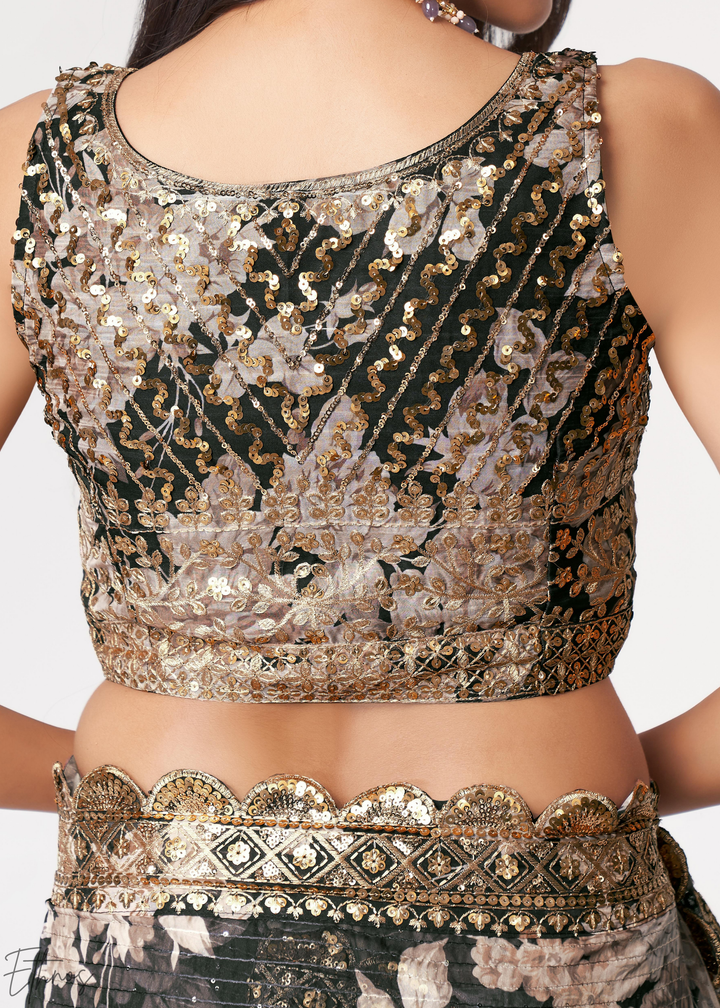 Black Baccara Rose Floral Print Organza Saree