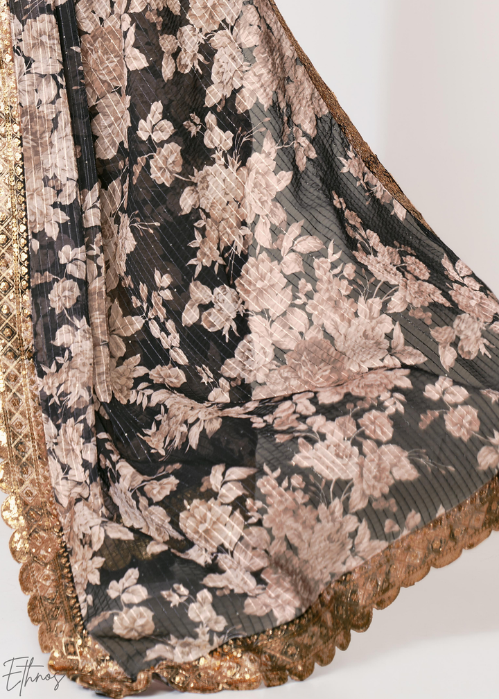 Black Baccara Rose Floral Print Organza Saree