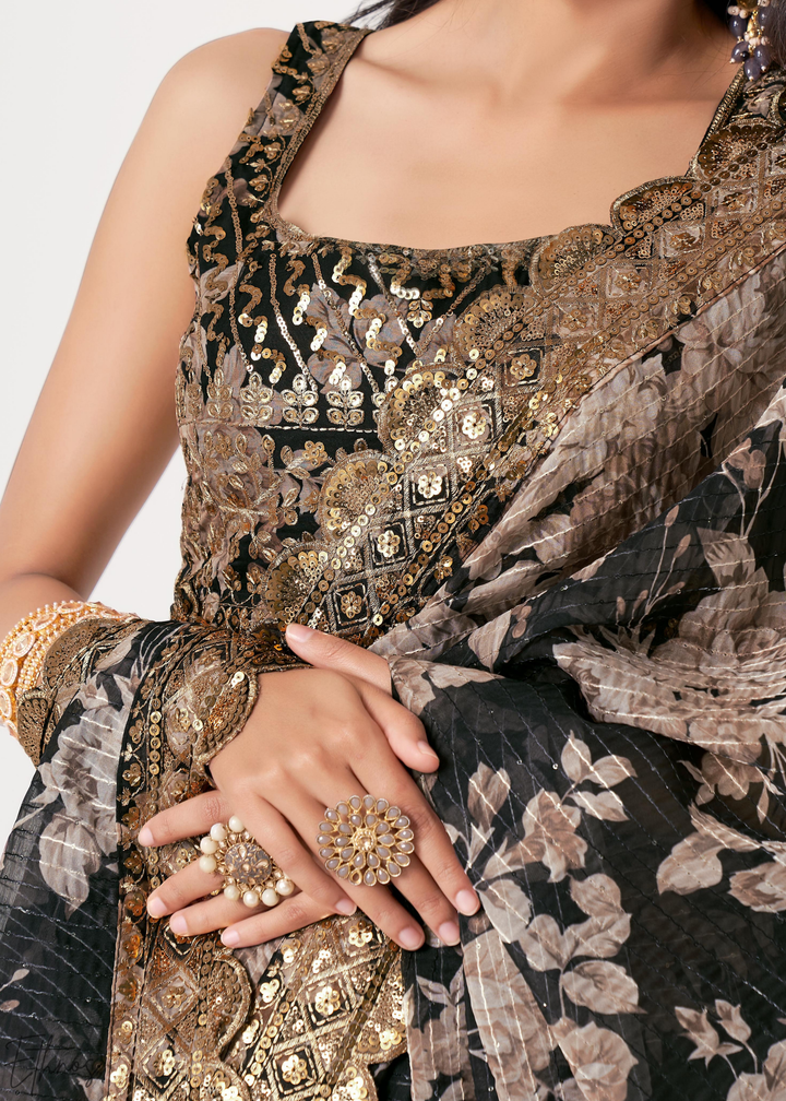 Black Baccara Rose Floral Print Organza Saree