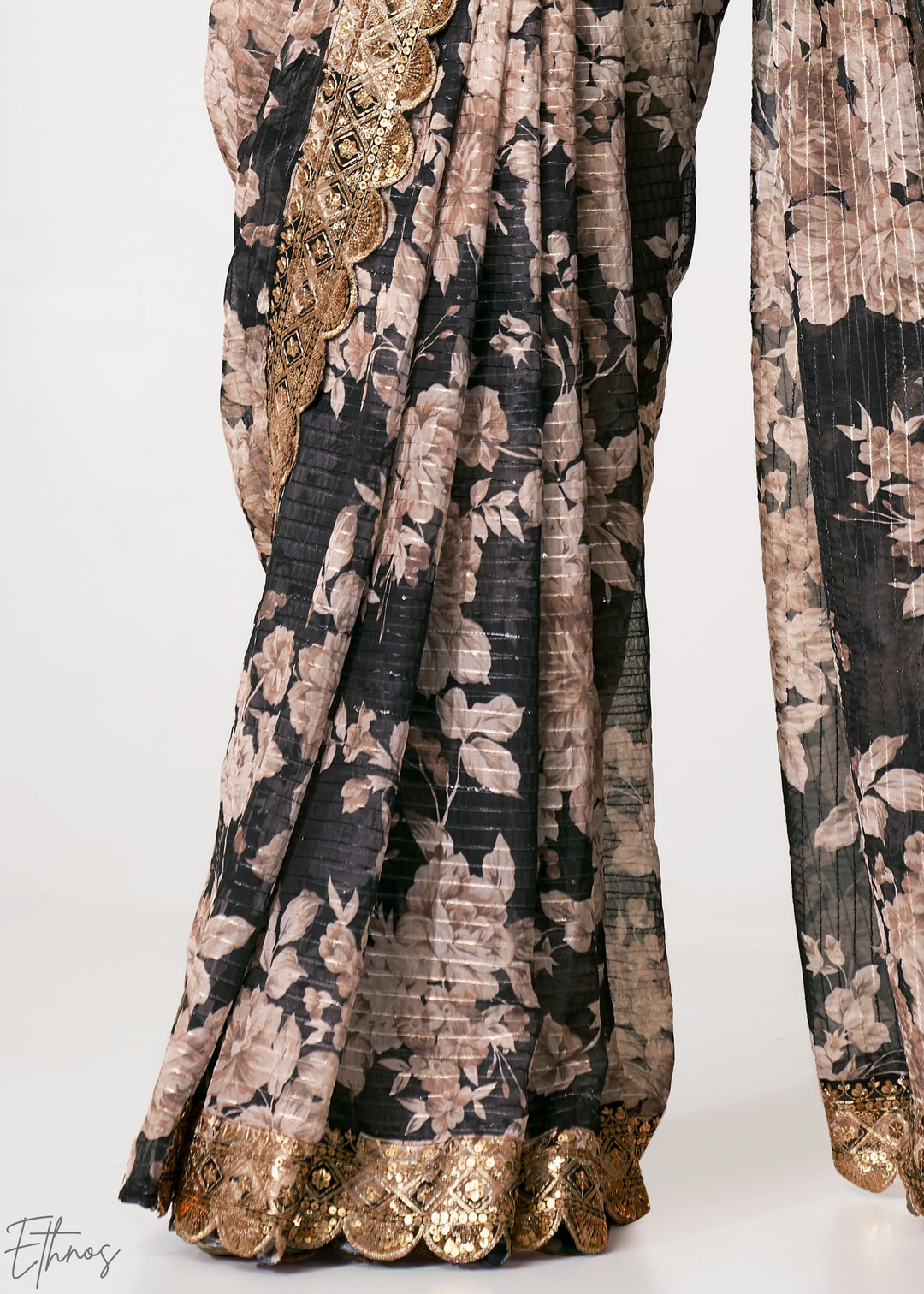 Black Baccara Rose Floral Print Organza Saree