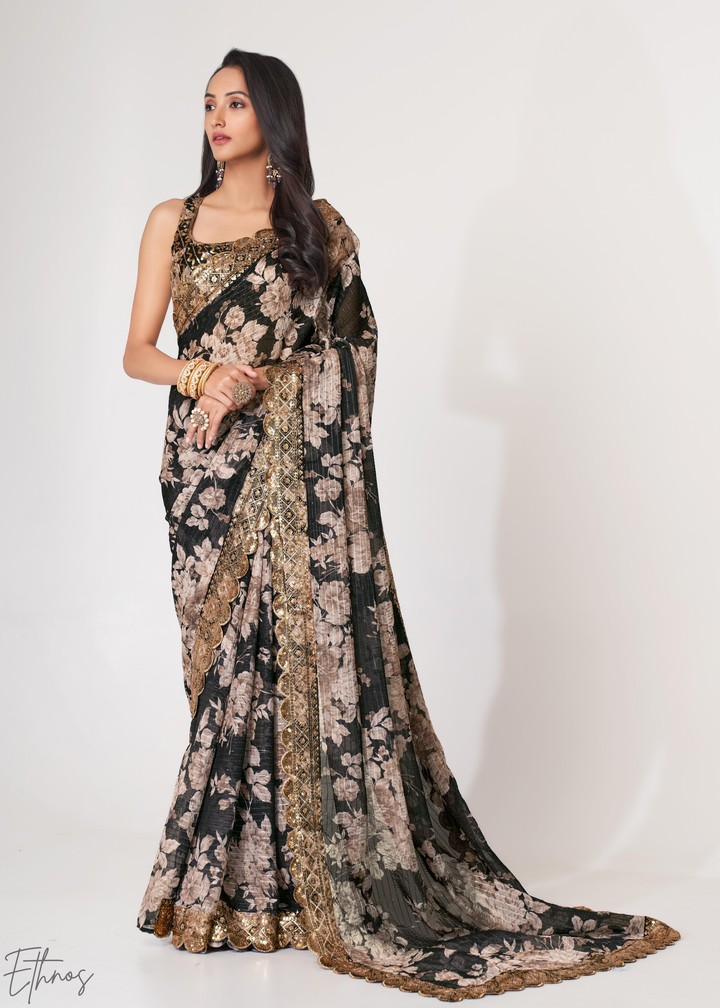 Black Baccara Rose Floral Print Organza Saree