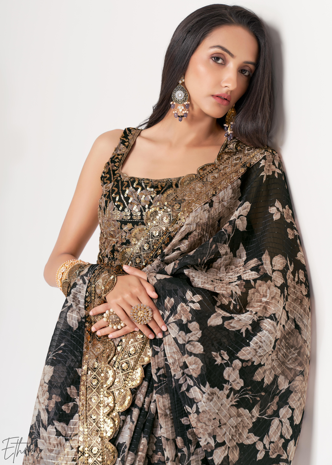 Black Baccara Rose Floral Print Organza Saree