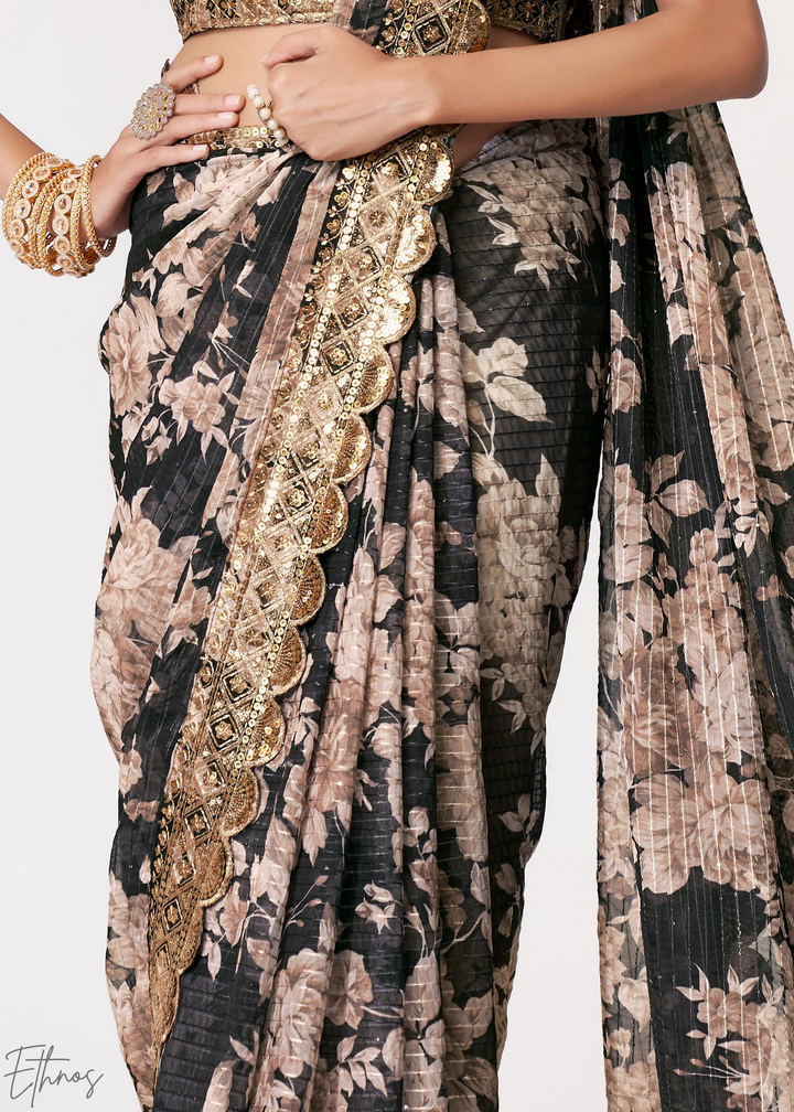 Black Baccara Rose Floral Print Organza Saree
