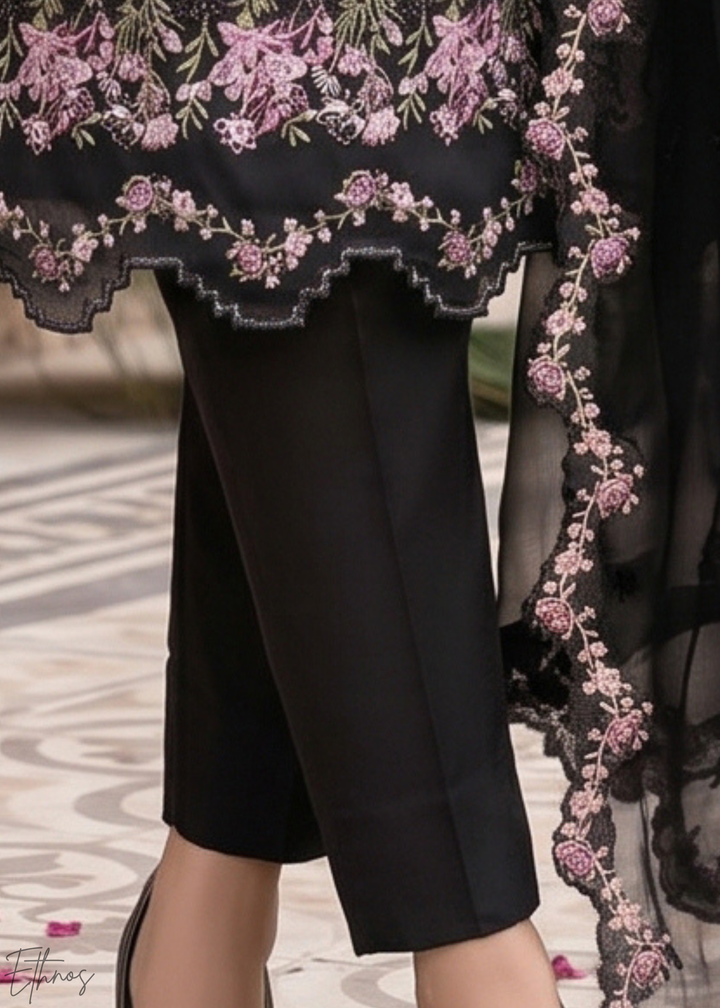 Black Botanical Embroidered Palazzo Chiffon Suit