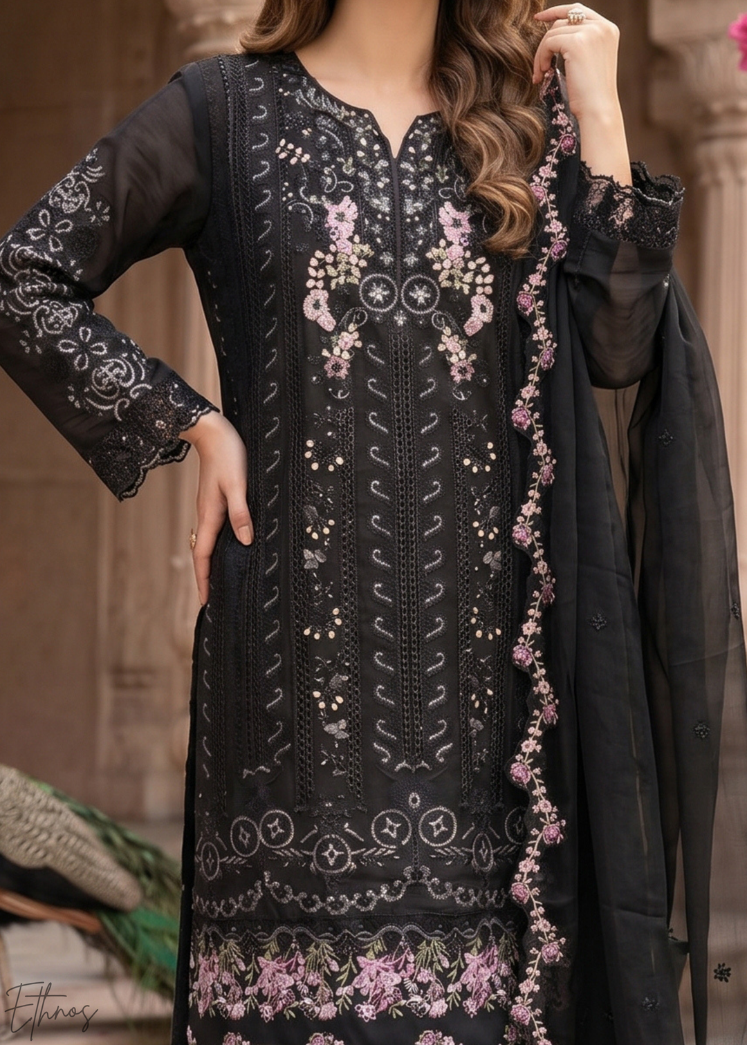 Black Botanical Embroidered Palazzo Chiffon Suit