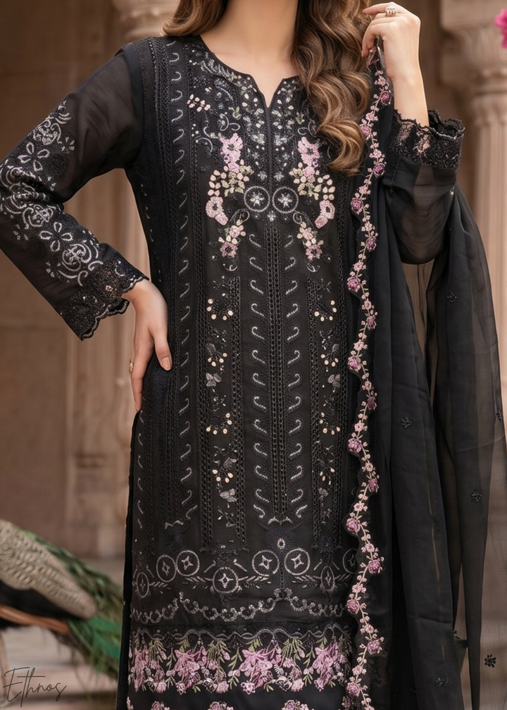 Black Botanical Embroidered Palazzo Chiffon Suit