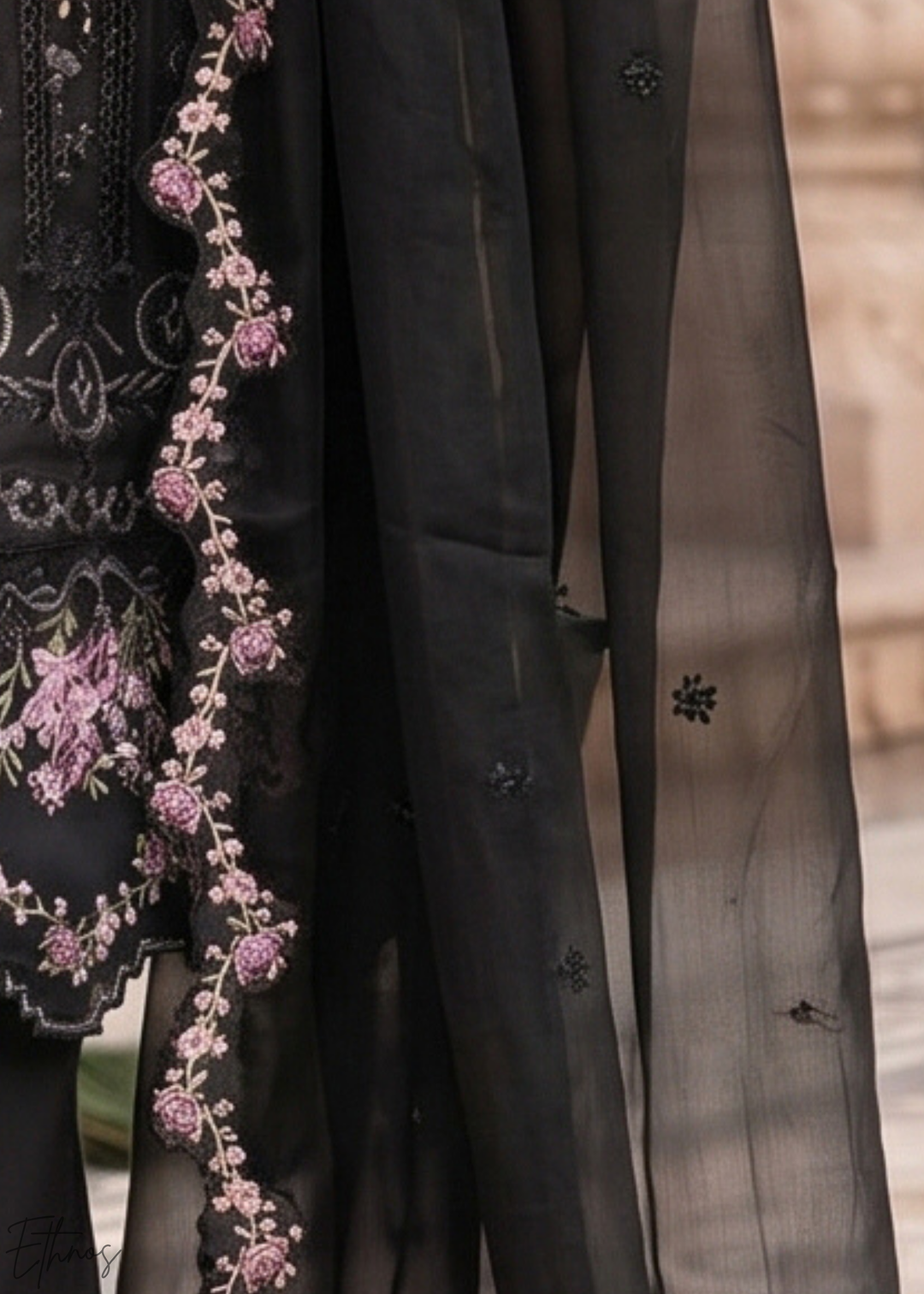 Black Botanical Embroidered Palazzo Chiffon Suit