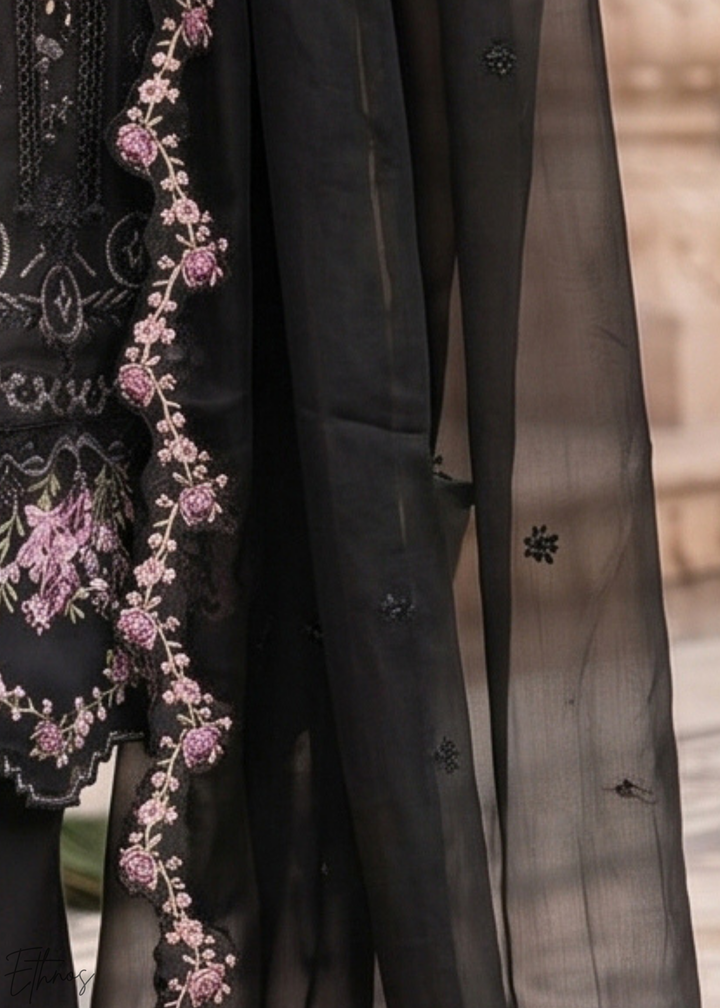 Black Botanical Embroidered Palazzo Chiffon Suit