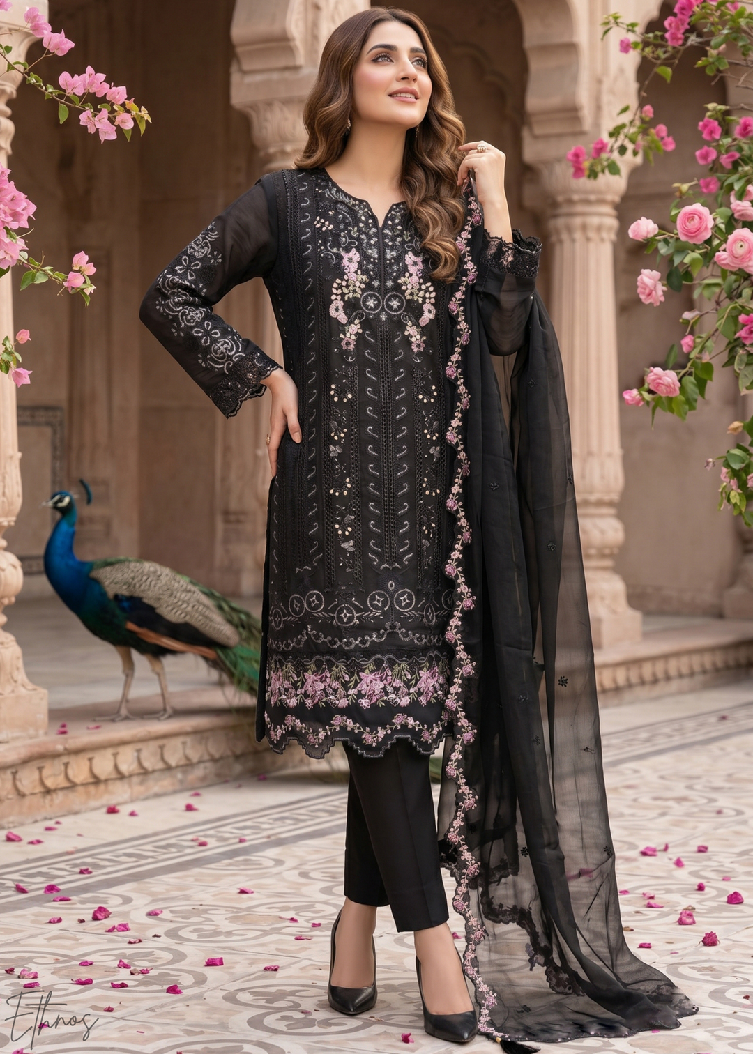 Black Botanical Embroidered Palazzo Chiffon Suit