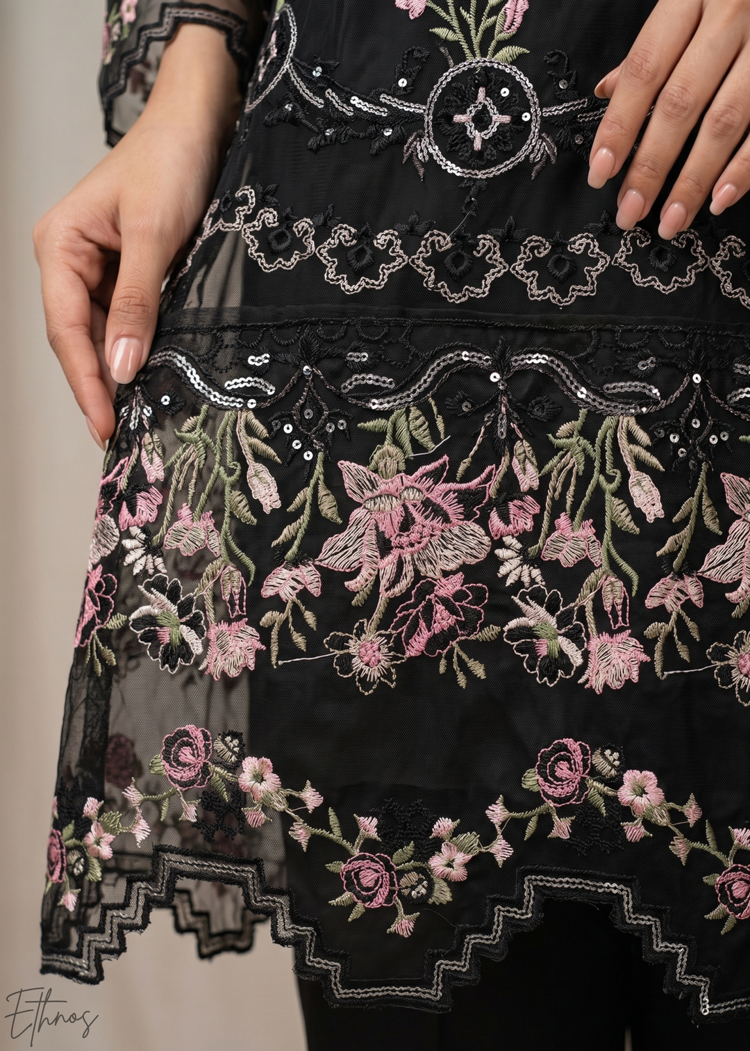 Black Botanical Embroidered Palazzo Chiffon Suit