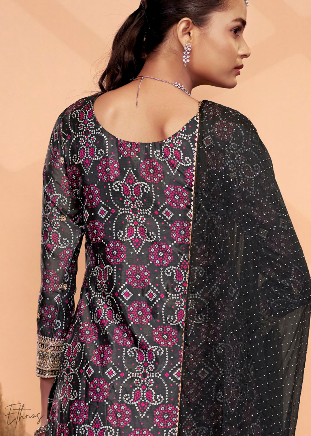 Black Embroidered Bandhani Chinon Palazzo Suit