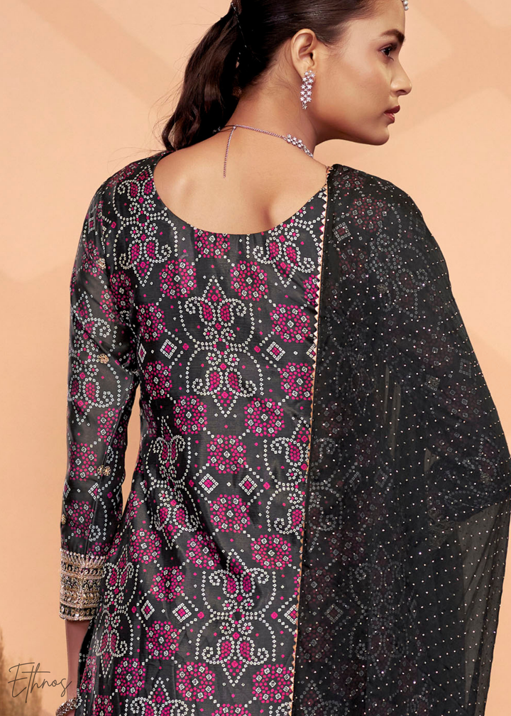 Black Embroidered Bandhani Chinon Palazzo Suit