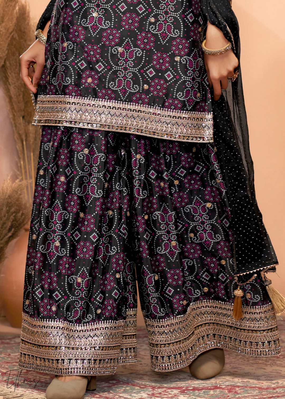 Black Embroidered Bandhani Chinon Palazzo Suit
