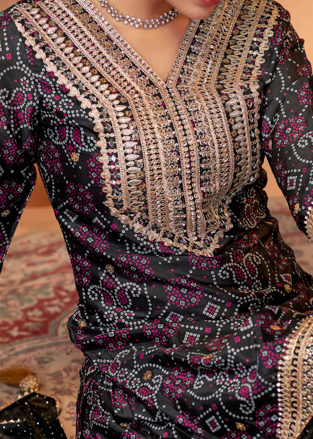 Black Embroidered Bandhani Chinon Palazzo Suit