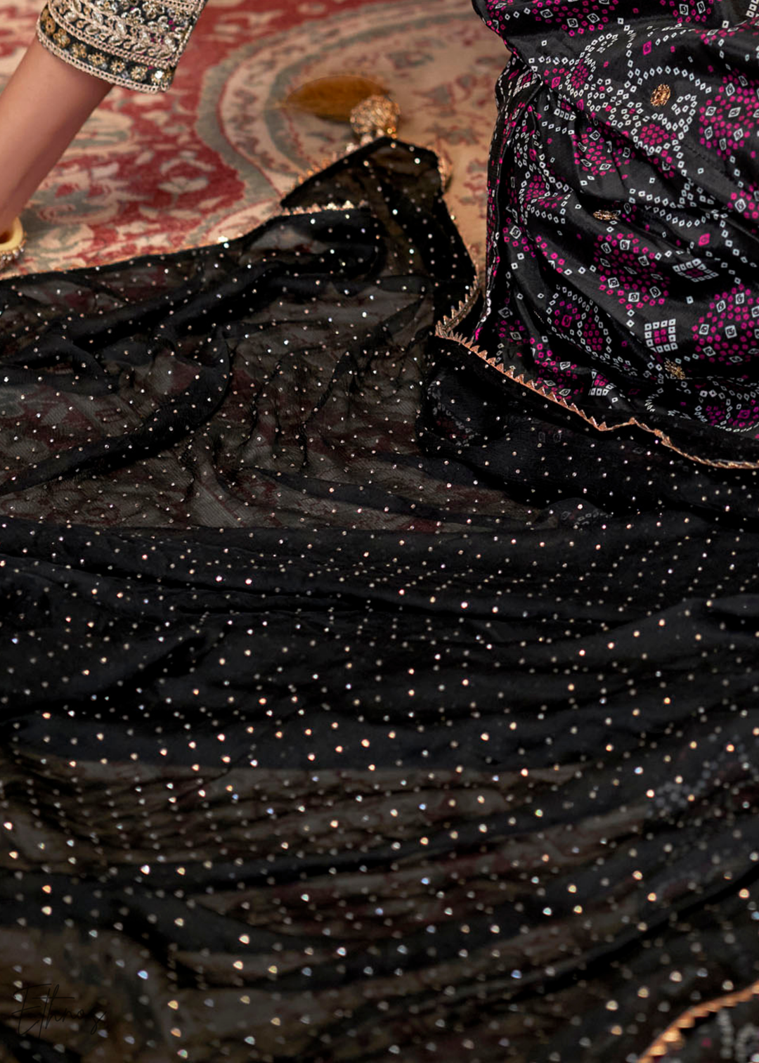 Black Embroidered Bandhani Chinon Palazzo Suit