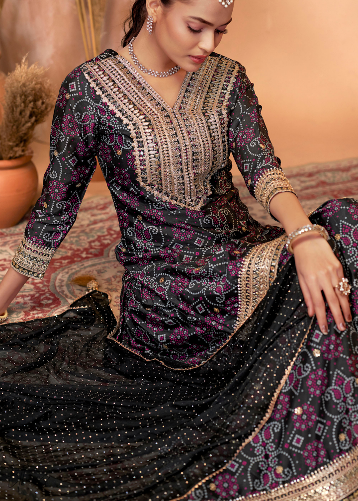 Black Embroidered Bandhani Chinon Palazzo Suit