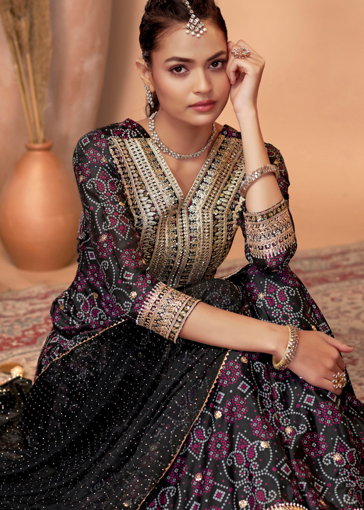 Black Embroidered Bandhani Chinon Palazzo Suit