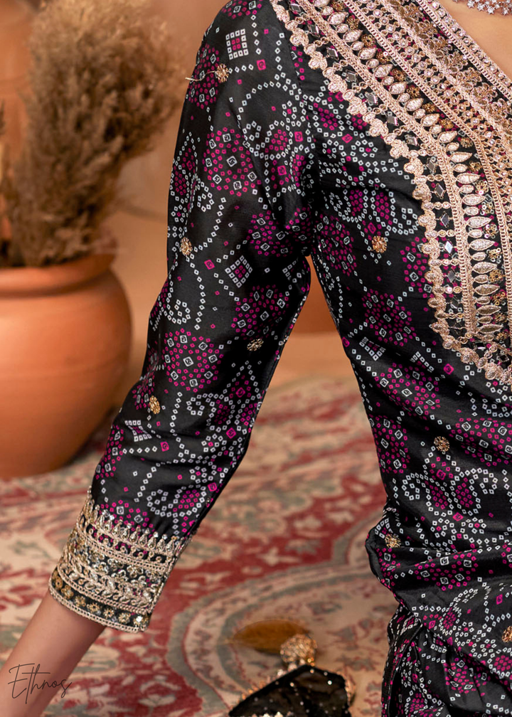 Black Embroidered Bandhani Chinon Palazzo Suit