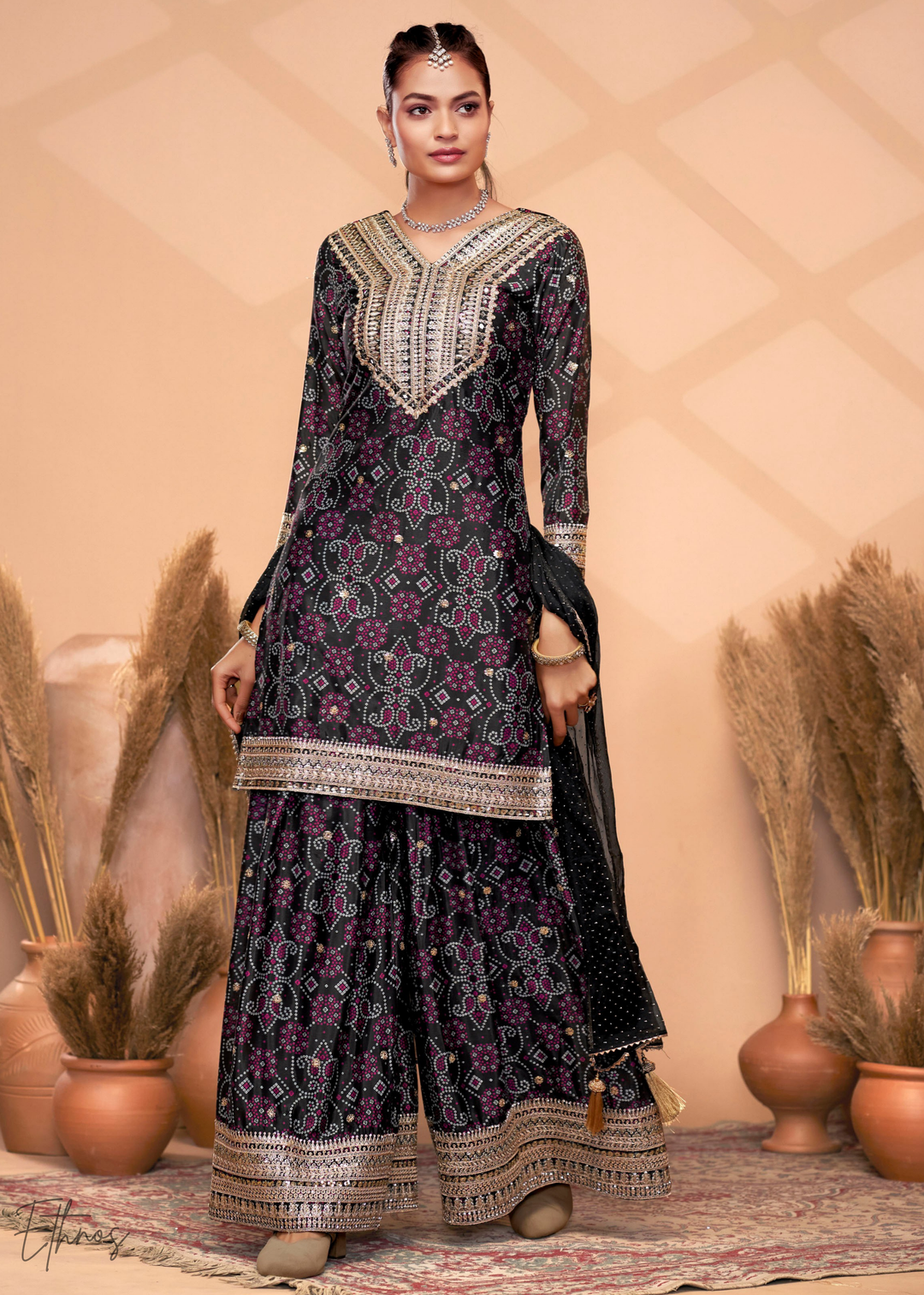 Black Embroidered Bandhani Chinon Palazzo Suit
