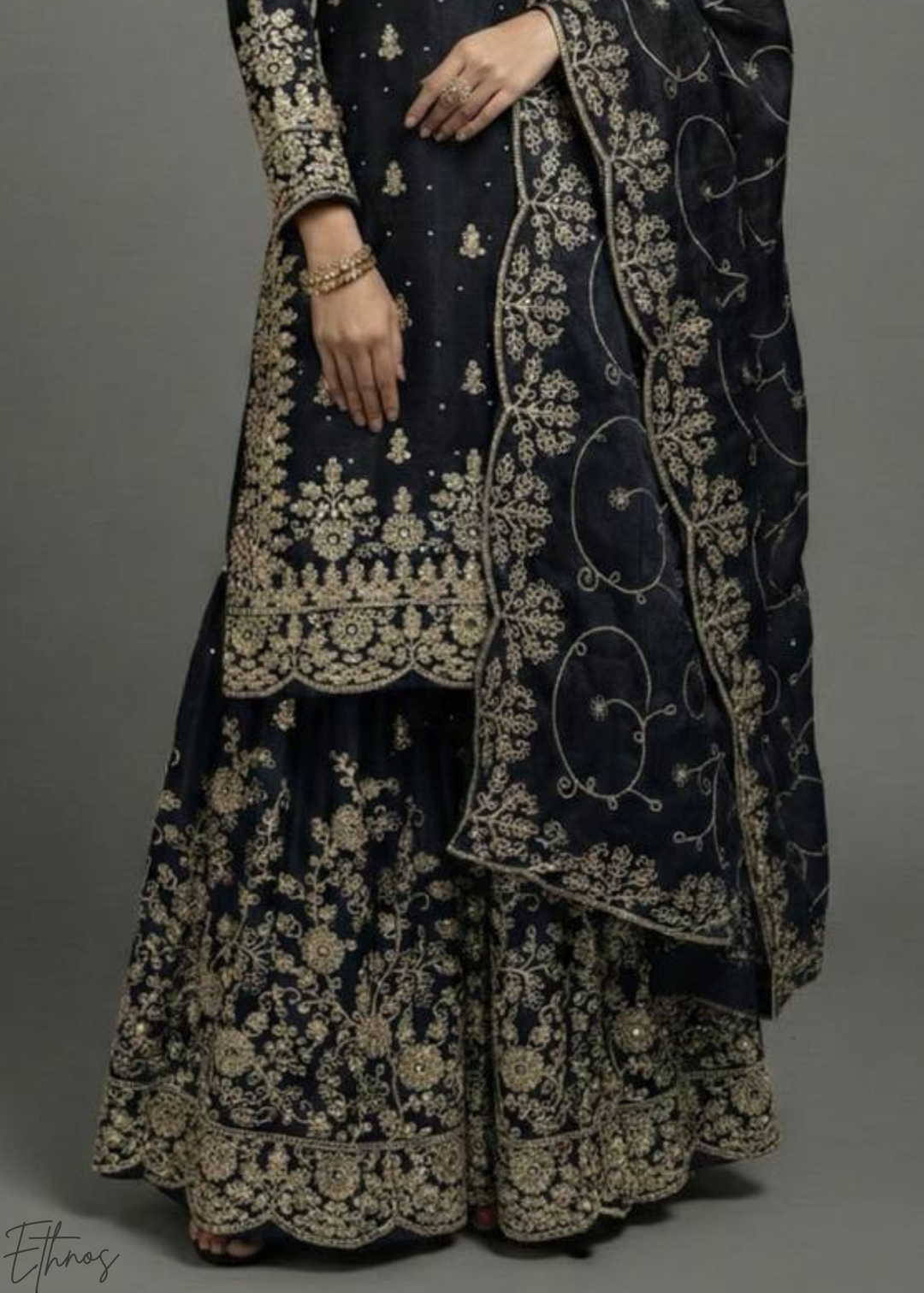 Black Silk Embroidered Silk Palazzo Suit