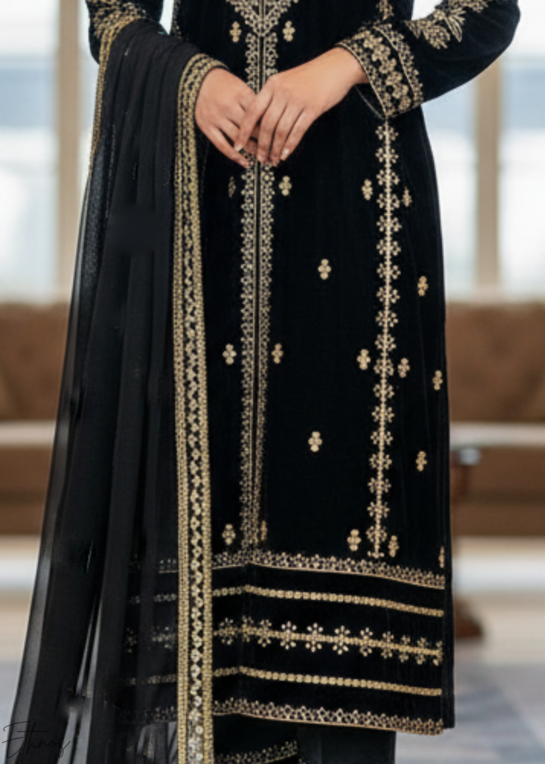 Black Embroidered Viscose Velvet Palazzo Suit