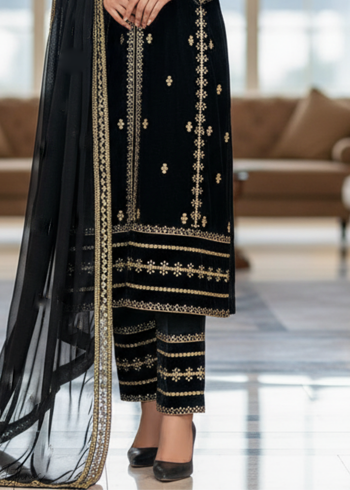 Black Embroidered Viscose Velvet Palazzo Suit