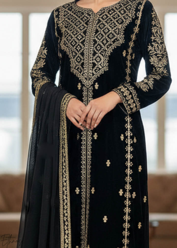 Black Embroidered Viscose Velvet Palazzo Suit