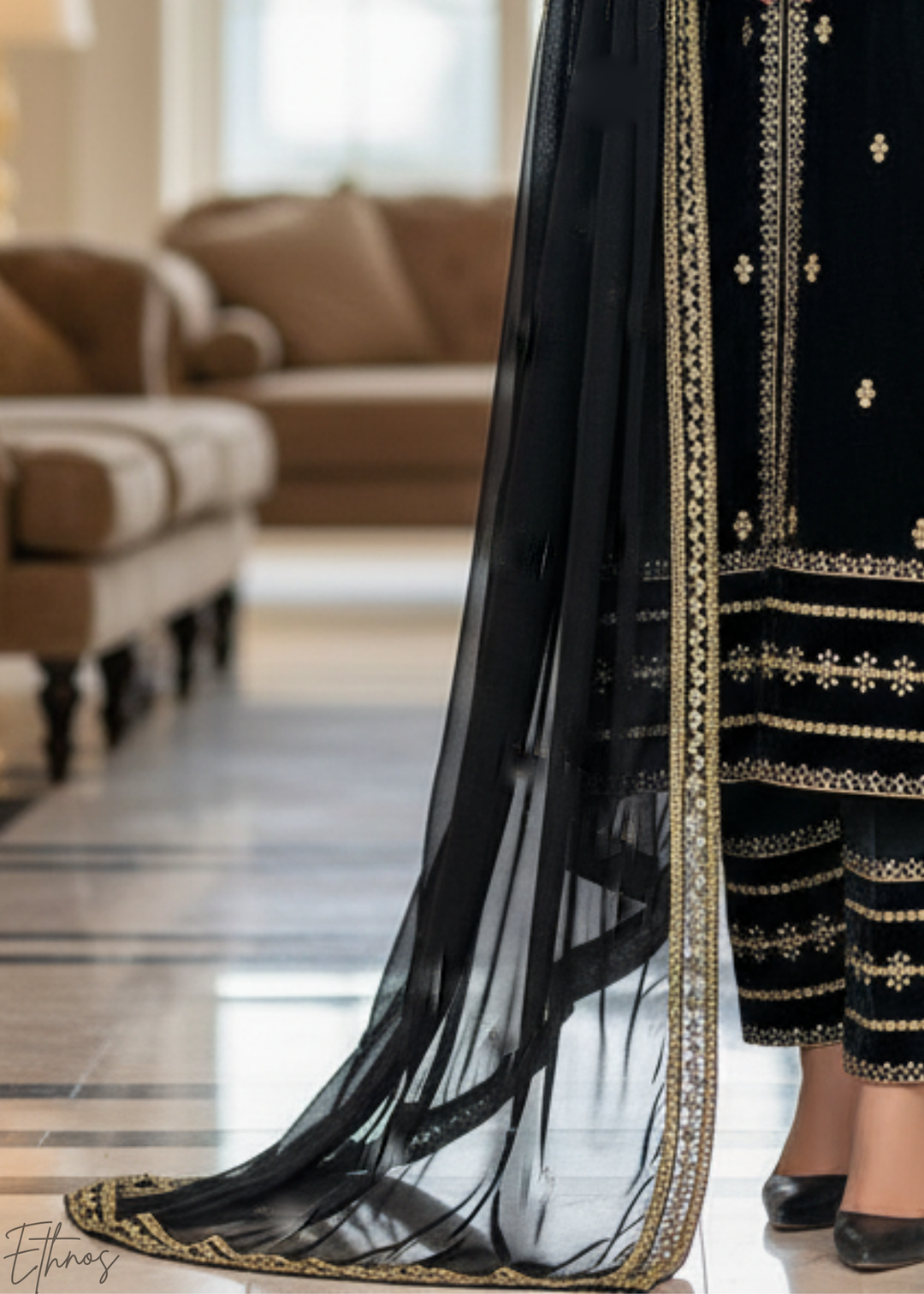 Black Embroidered Viscose Velvet Palazzo Suit