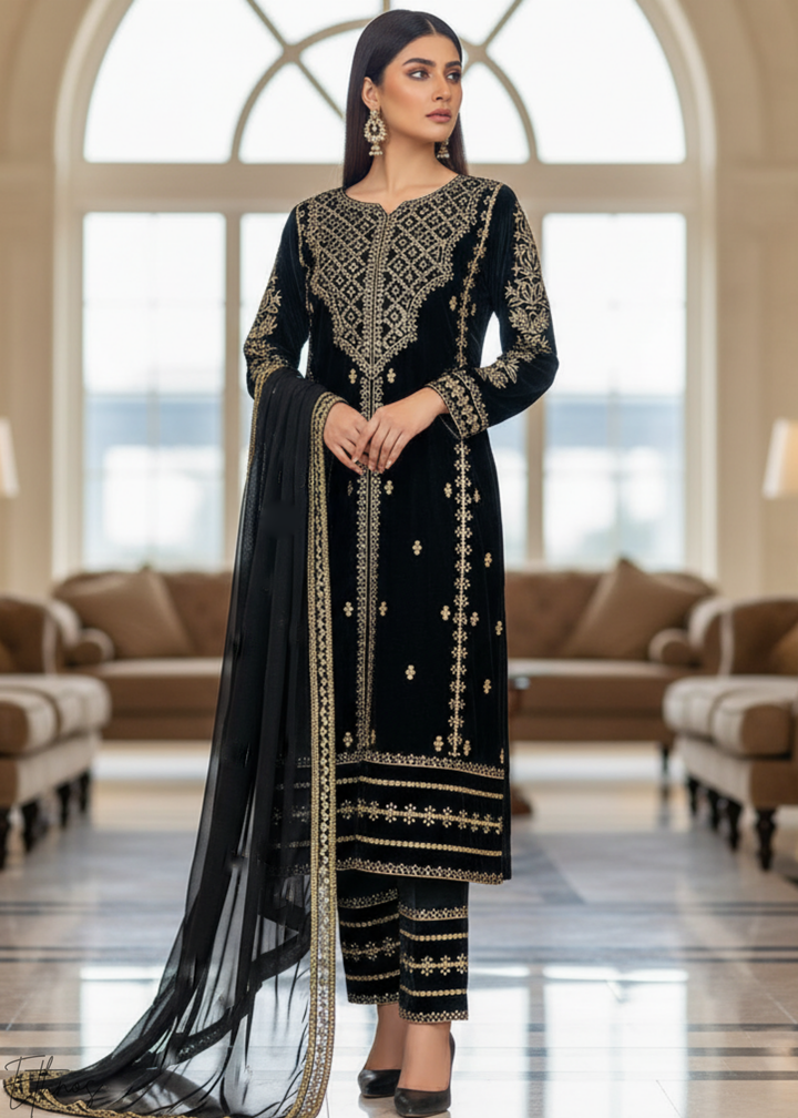 Black Embroidered Viscose Velvet Palazzo Suit