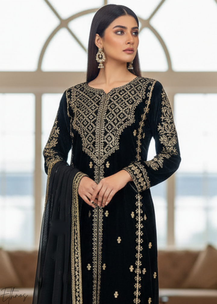 Black Embroidered Viscose Velvet Palazzo Suit