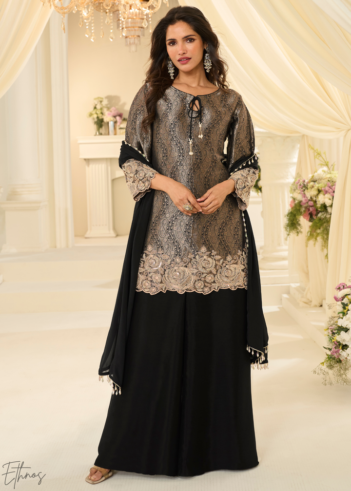 Black Floral Embroidered Jacquard Silk Suit