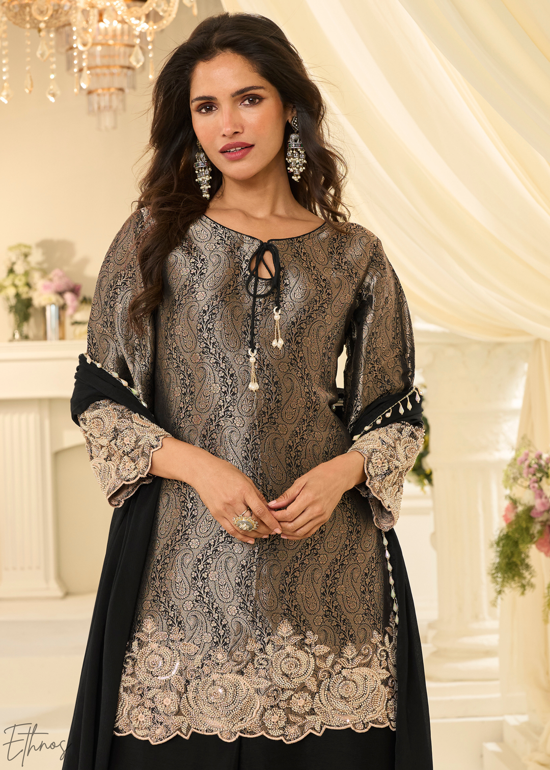Black Floral Embroidered Jacquard Silk Suit